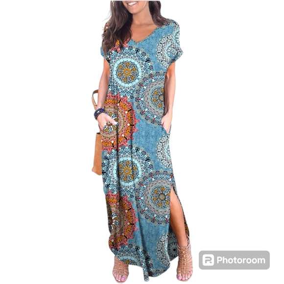 NWT Grecerelle Casual Loose Pocket V Neck Medallion Boho Print Maxi Dress Size S - Picture 2 of 13